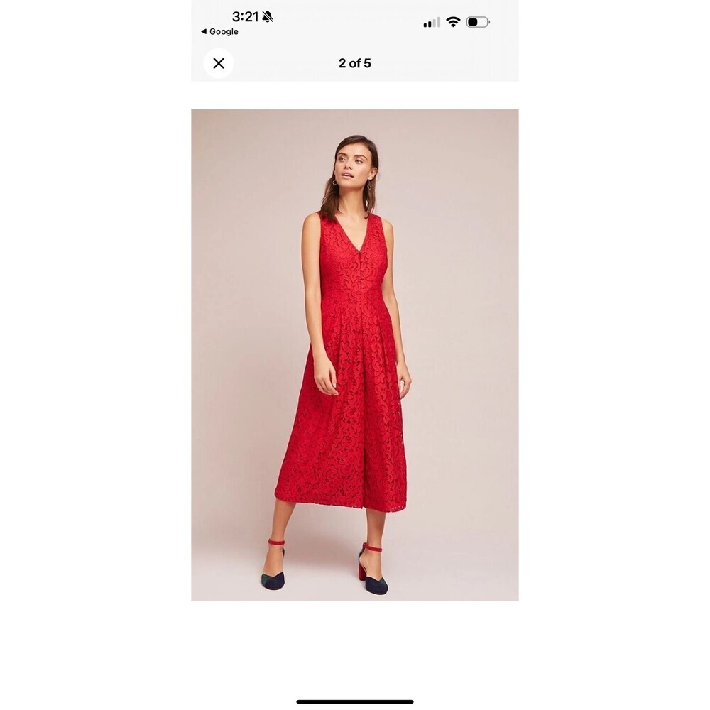 Anthropologie Moulinette Soeurs Jaeda Red Lace Wide Leg Jumpsuit - Picture 2 of 6